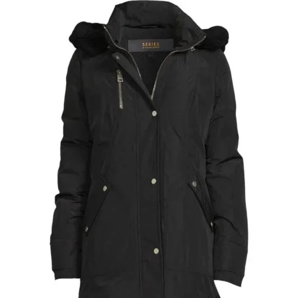 NB Series Nicole Benisti CLAREMONT Shearling Trim Down Parka Coat Black LRG NWT